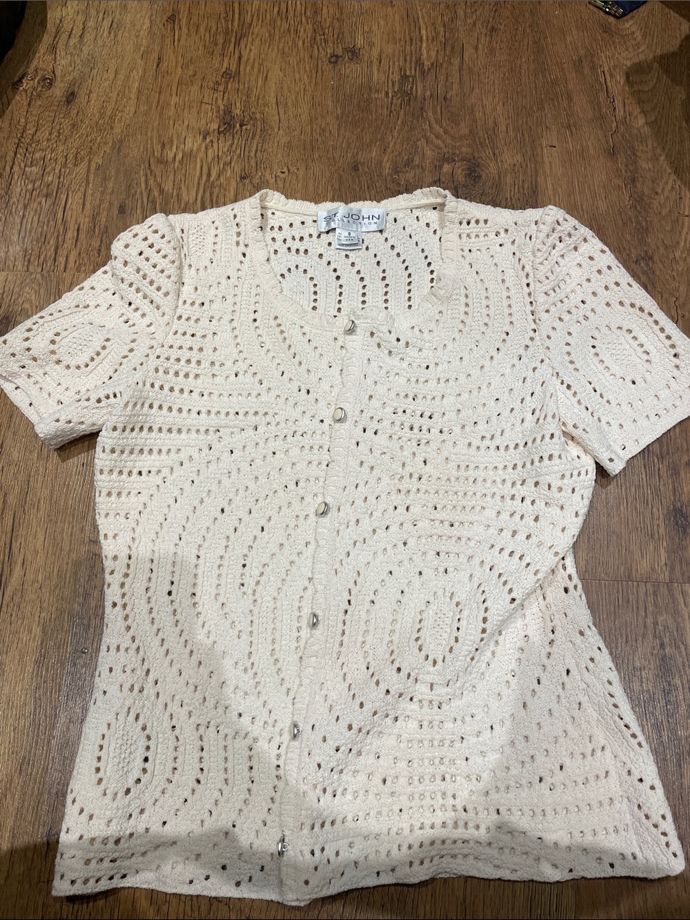 St. John Collection Cream Openwork Crochet Button-Front Top